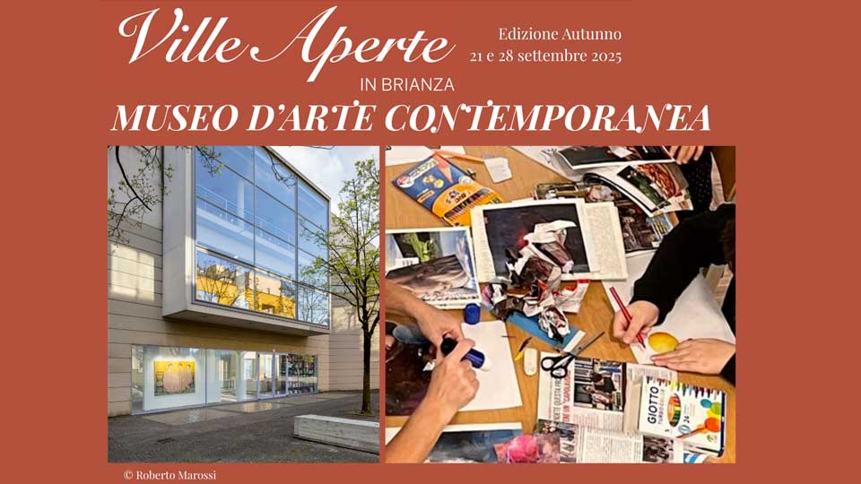 Foto facciata esterna Museo d'Arte contemporanea di Lissone e foto mani laboratorio creativo