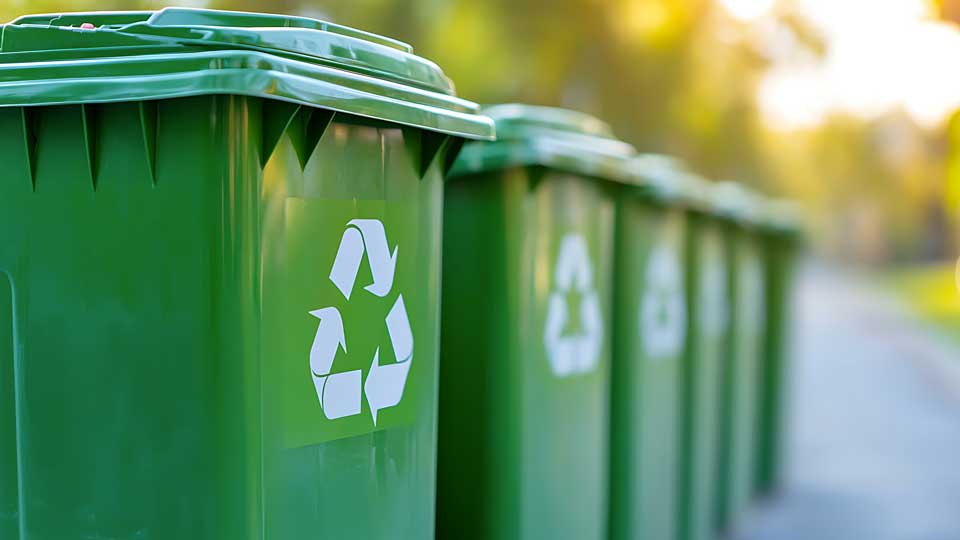 bidoni della spazzatura verdi con simbolo bianco di riciclo