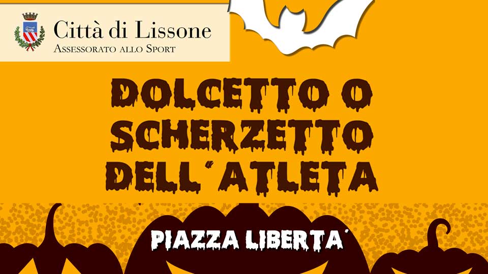 dolcetto o scherzetto dell’atleta frammento locandina con sfondo arancio, disegno di zucche e un pipistrello bianco
